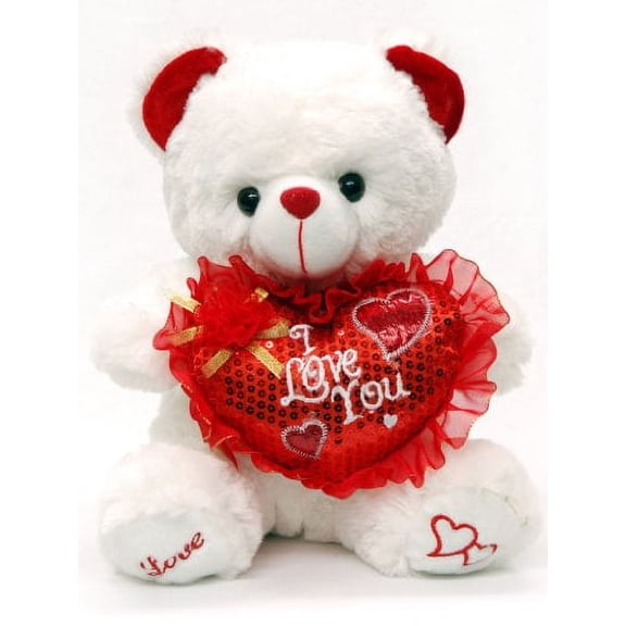 Valentines 12" Plush Teddy White Bear with Heart and "I Love You" Button