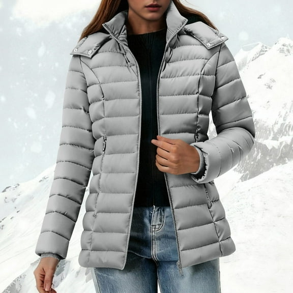 Women's Quilted down Coat Lightweight Waterproof Puffer Jacket Warm Thicken Hooded Outwear with Pocket New Open Front Jacket for Women Gray XXL