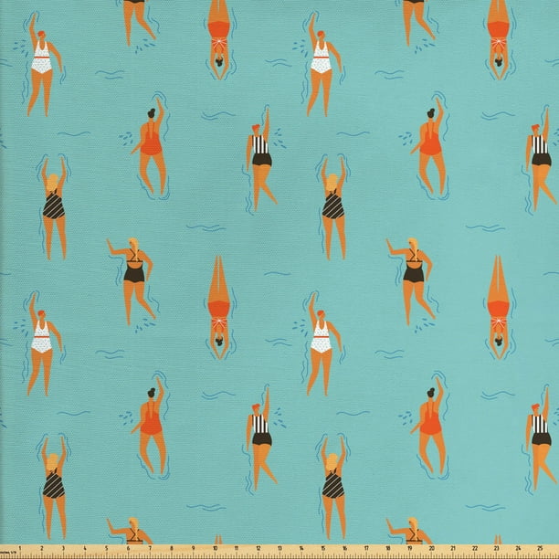 Pool Party Fabric by The Yard, Women in Various Swimsuit Swimming Vacation Hawaiian Holiday
