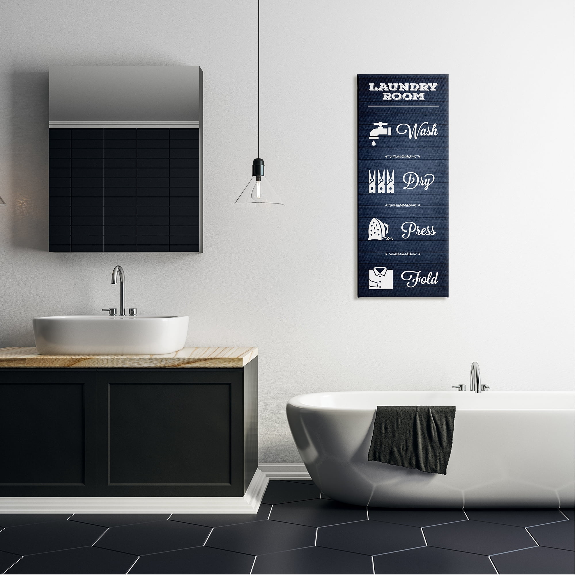 Stupell Industries Laundry Room Rules Sign Blue Grain Pattern Calligraphy Canvas Wall Art, 17 x 40, Design by Melody Hogan