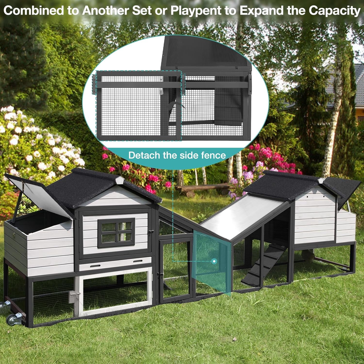 MEDEHOO Chicken Coop, Mobile Chicken House with with Wheels, Outdoor Hen House Poultry Cage with Nesting Box, Leakproof Pull Out Tray and UV-Resistant Roof,Rabbit Hutch Duck Coop (Black)