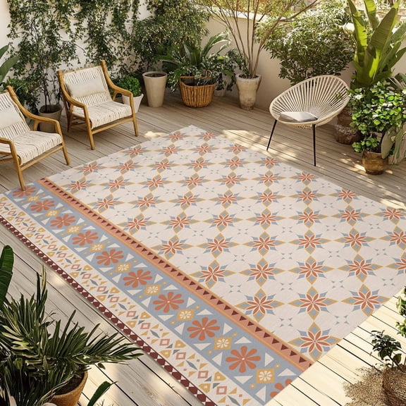 Orange Floral Outdoor Rug for Patio/Deck/Porch, Non-Slip Large Area Rug 4 x 6 Ft, Country Boho Ethnic Art Flowers Motifs Indoor Outdoor Rugs Washable Area Rugs, Reversible Camping Rug Carpet Runner