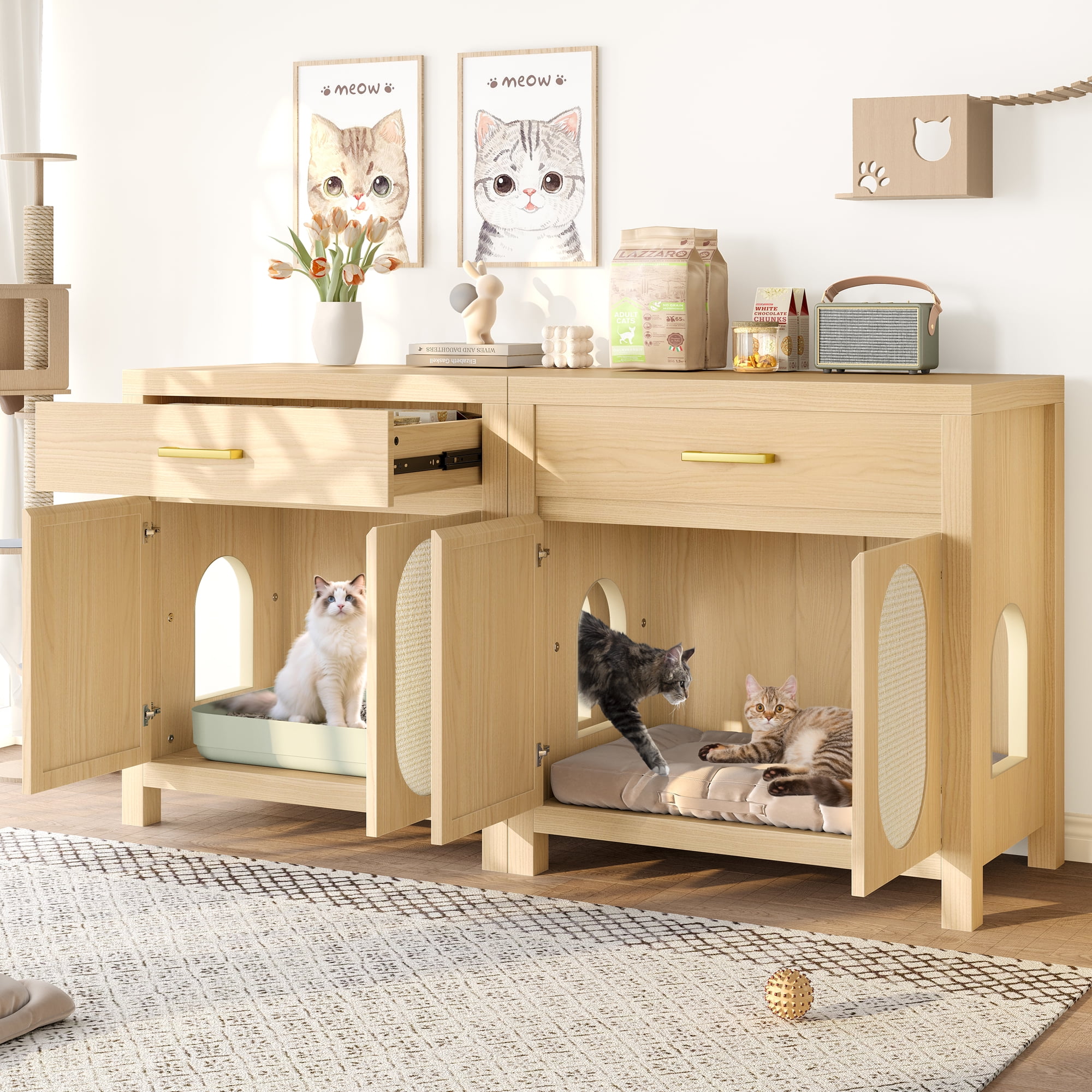 Cat Litter Box Enclosure, Hidden Cat Litter Box Furniture with Scratching Board Doors and Storage Drawer, Wooden Washroom Cat House Table Nightstand Box Cabinet, Natural