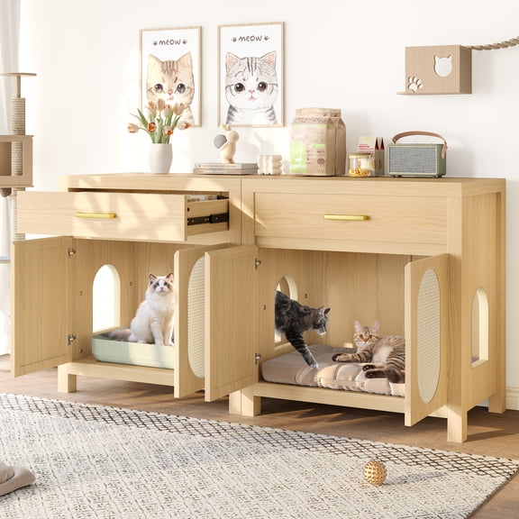 Hidden Cat Litter Box Furniture Enclosure, Cat Washroom House with Scratching Board Doors & Storage Drawer, Wooden Cabinet Side Table for Living Room,Natural