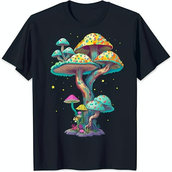 Colorful Mushroom Graphic T-Shirt with Swirling Stem & Stars Blue Neck Tee
