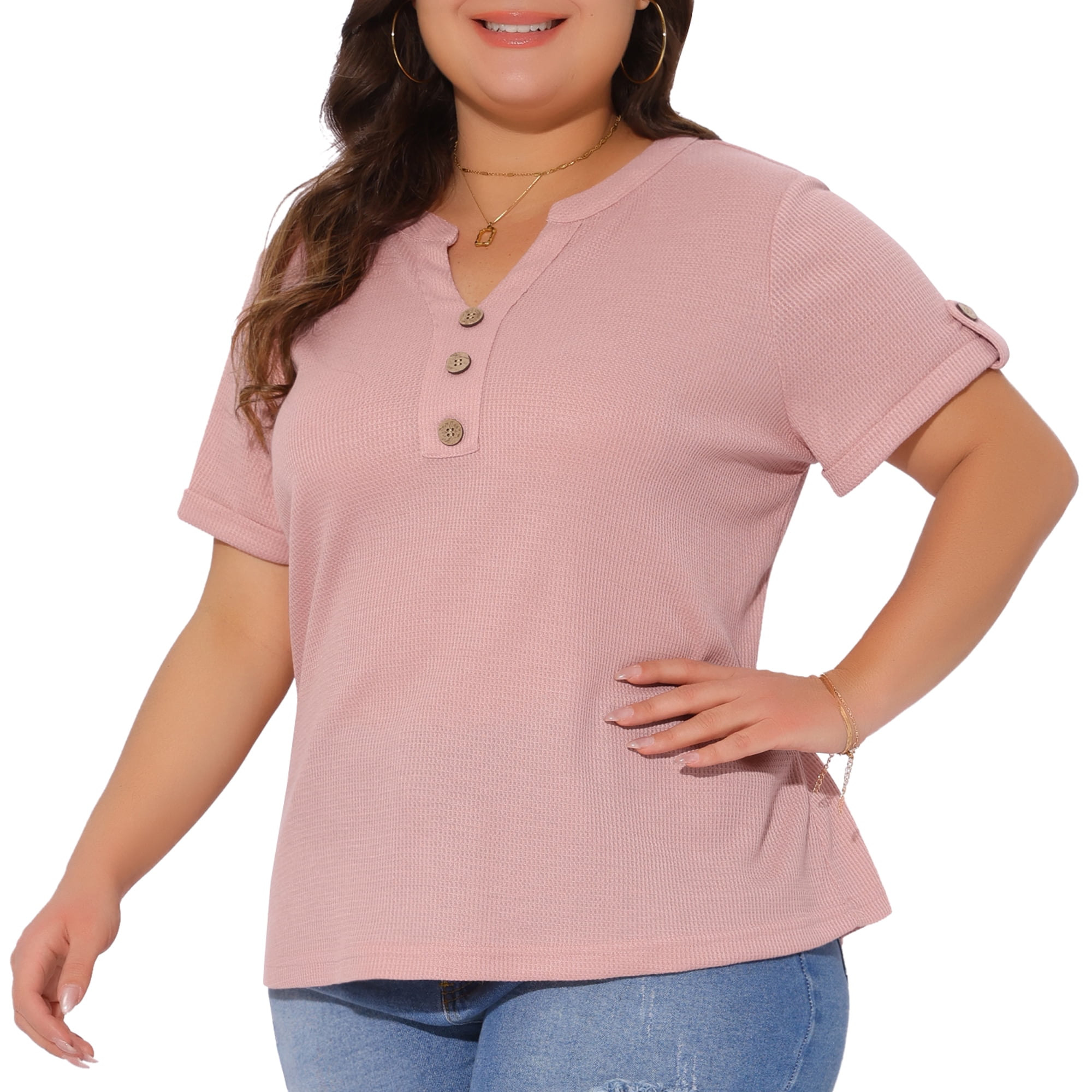 Women's Plus Women's Waffle Tunic Tops Short Sleeve Button V Neck Casual Blouse 3X Pink
