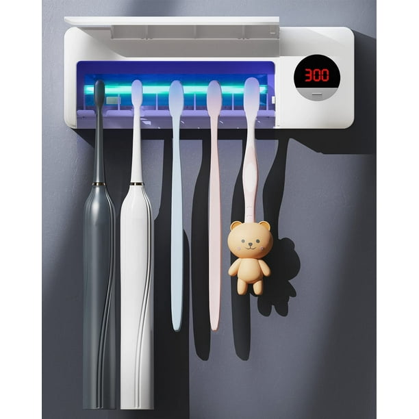 Portacepillos de dientes con desinfección UV, portacepillos de pared con función esterilizadora, batería de 2000 mAh, temporizador, organizador de cepillos de dientes para mujeres y bebés, A