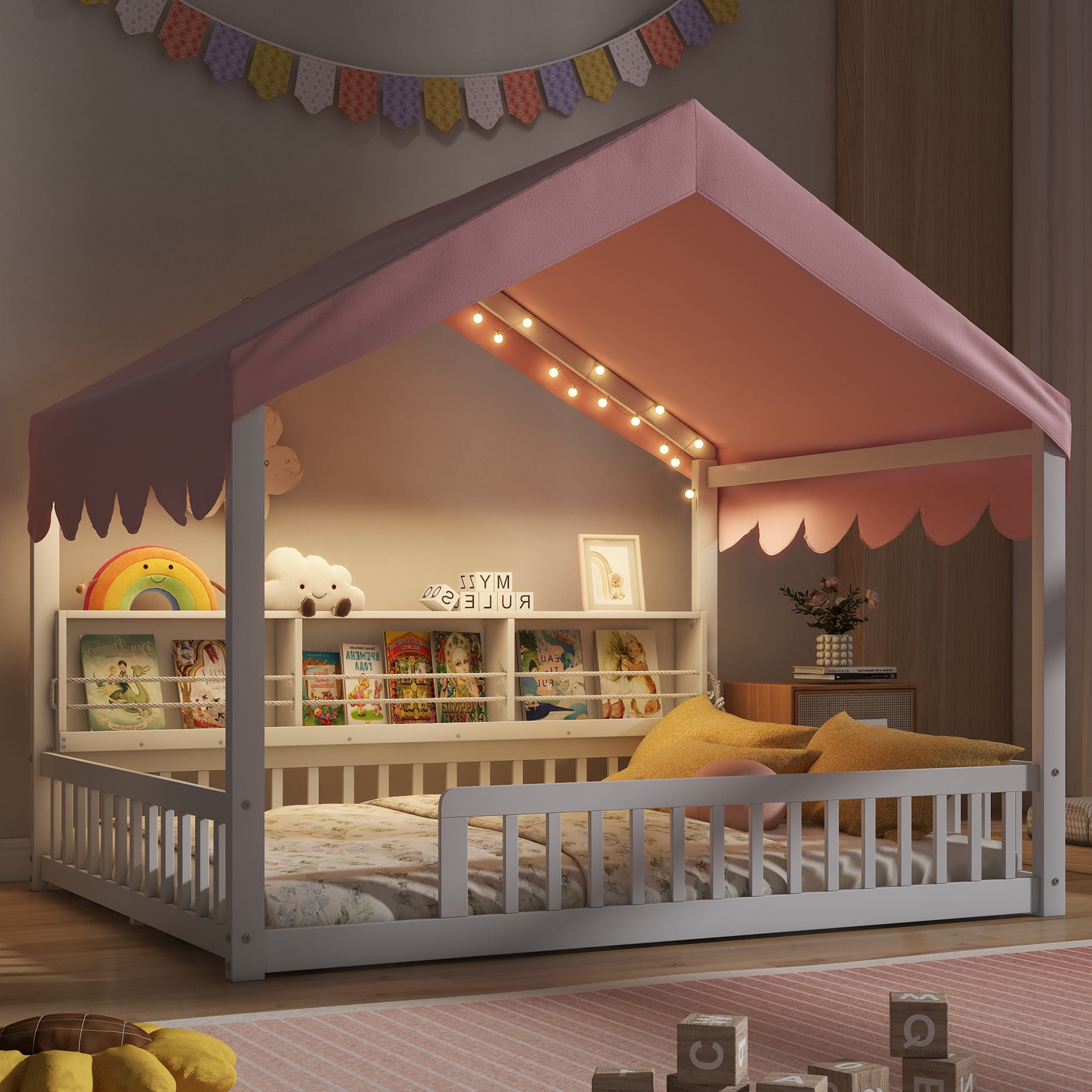 Noble House Larissa Full Size House Bed with Fence and LED Lights, Wooden Floor Bed, Heavy Duty, White and Pink