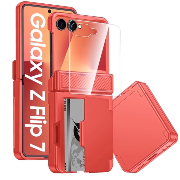 Vizvera for Samsung Galaxy Z Flip 7 Phone Case with Card Holder RFID Blocking,Built in Hinge Protection, Screen Protector-Rose Red