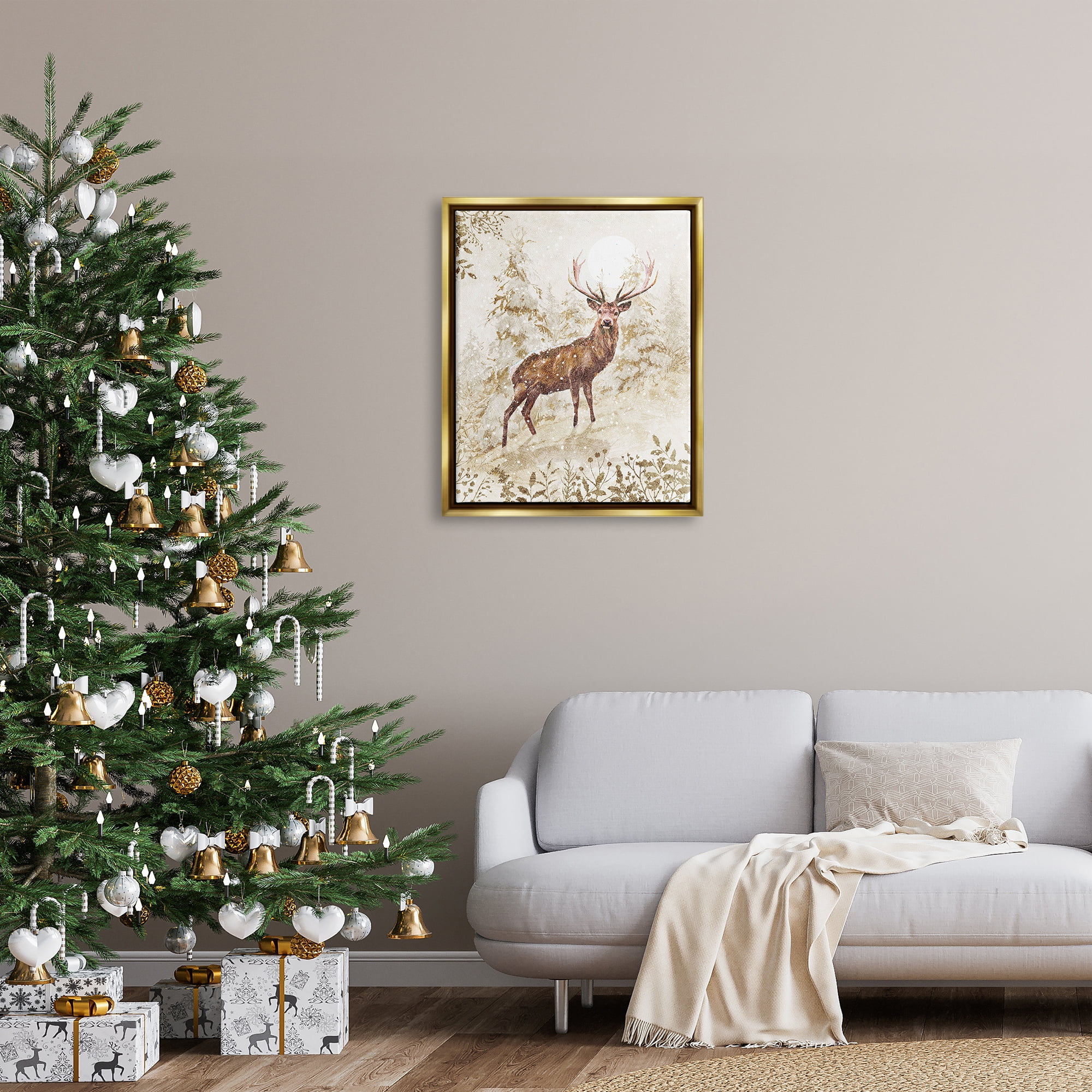 Stupell Industries Elk Snow Covered Forest Holiday Painting Gold Floater Framed Art Print Wall Art