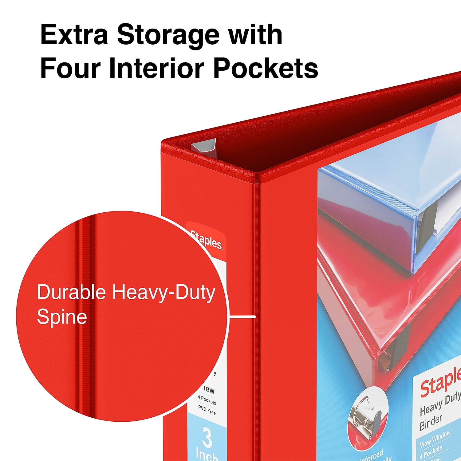 3" Staples Heavy-Duty View Binders with D-Rings Red 976064