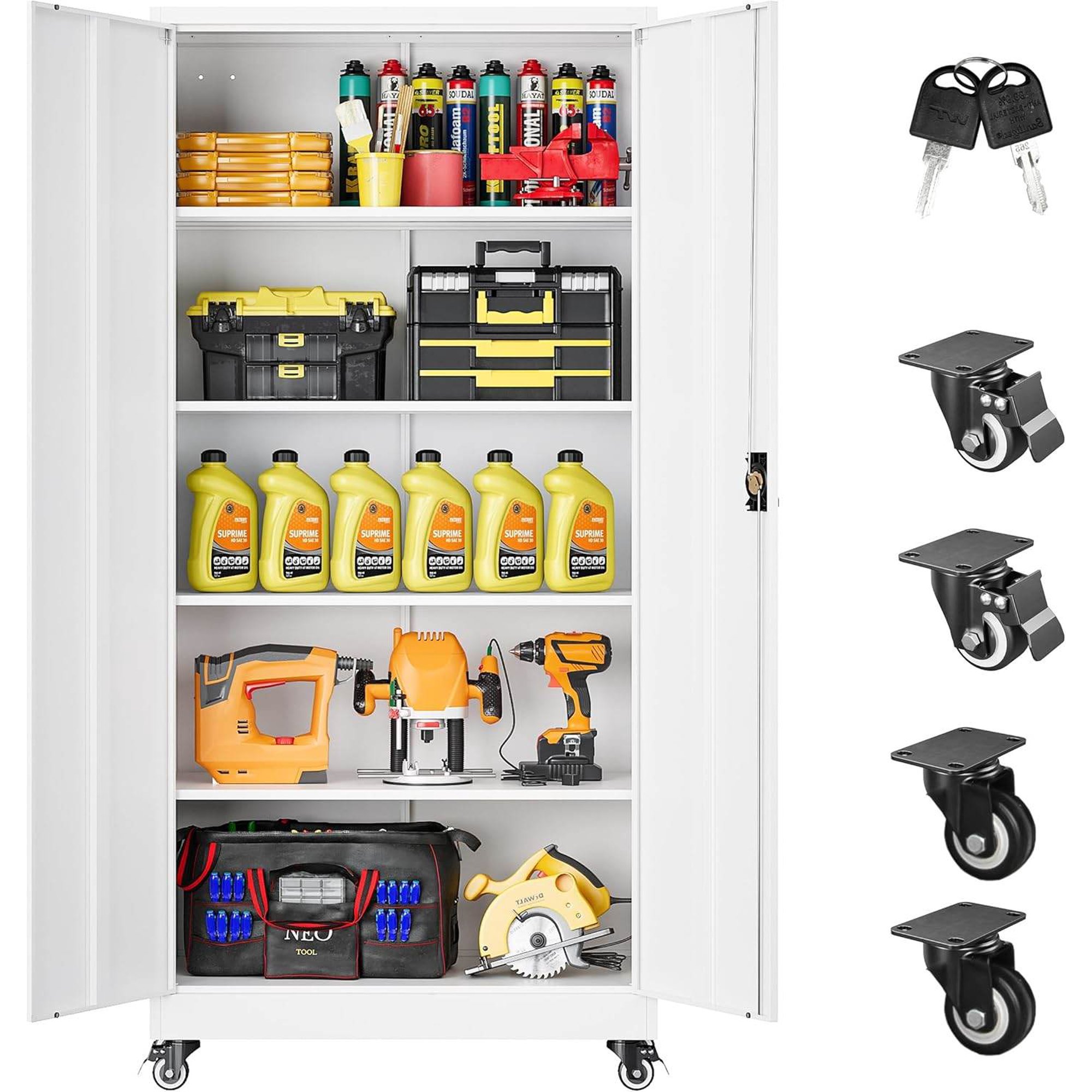 75 Tall Rolling Metal Storage Cabinet with Lock 5-Tier Adjustable Shelves White Garage Cabinet for Home Office Workshop