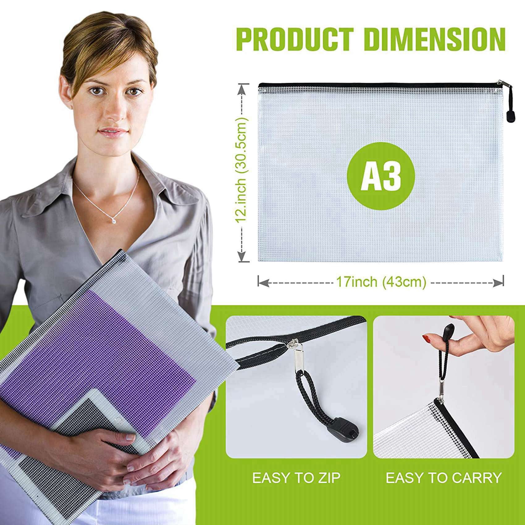 24PCS A3 Folder, Information Zipper Bag Plastic Wallet Mesh File Bag Zipper Bag Zipper Wallet