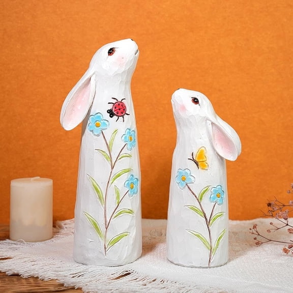 Hand-Painted Wooden Bunny Figurines – Set of 2 Handcrafted Rabbit Statues, Spring Home Decor, Easter Table Centerpiece Ornaments