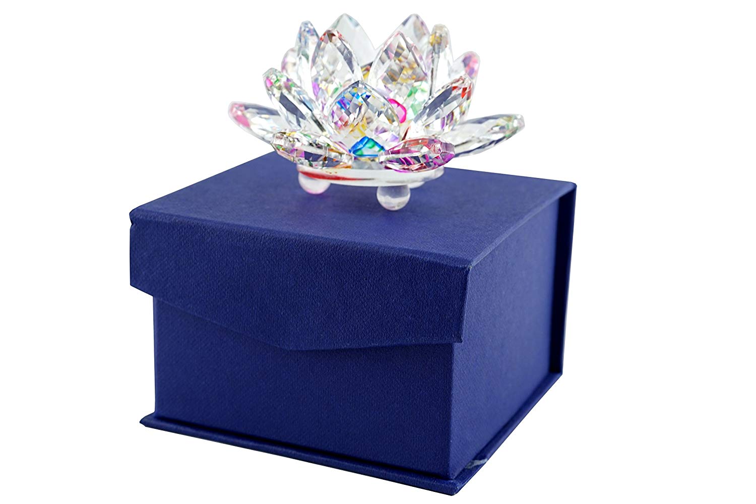 High Quality Sapphire Sparkle Crystal 3 inch Decorative Clear Reflection Lotus Flower For Feng Shui Home Decor with Gift Box (Rainbow)