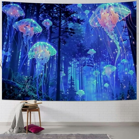 PRATYUS Forest Jellyfish Tapestry Tree Tapestry Trippy Fantasy Starry Sky Tapestry Aesthetic Wall Tapestry Hippie Jungle Plants Tapestry Wall Hanging for Bedroom Painting