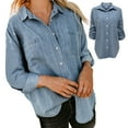 thumbnail image 3 of Womens Blouses Denim Shirt Loose Double Pocket Long Sleeved Versatile Casual Coat Shirt Holiday Wear, 3 of 5