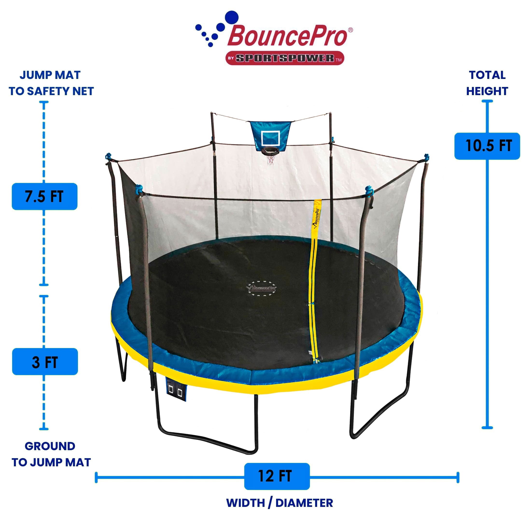 Bounce Pro 12ft Multiplay Trampoline & Enclosure Combo Set with Basketball, Electron Shooter Game, Flash Light Zone Features, Painted Legs & Phone pouch