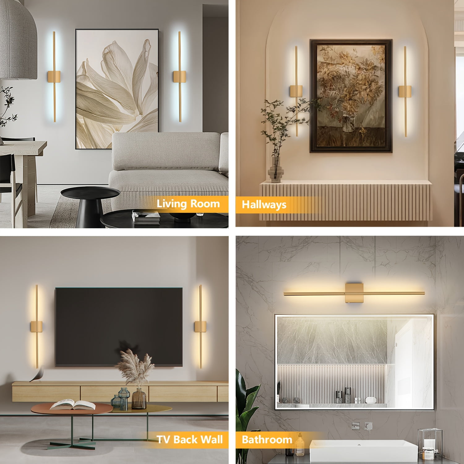 Black Gold USB Rechargeable Wall Sconce Set of 2, Dimmable Battery Operated Wall Lamp with Remote, 360° Rotation Wireless Light for Living Room Bedroom Hallway