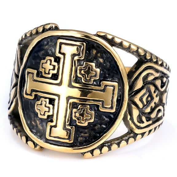 Jerusalem Crusader Cross Men Rings 14K Yellow Gold Punk Rock Cool Stuff Fashion Accessories Jewelry For Women Gift