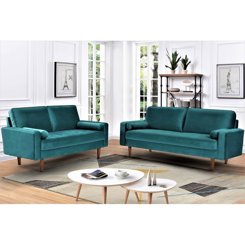 Uspridefurniture Monahan Velvet 2PC Living Room Sets, Sofa Loveseat, Greenish Blue