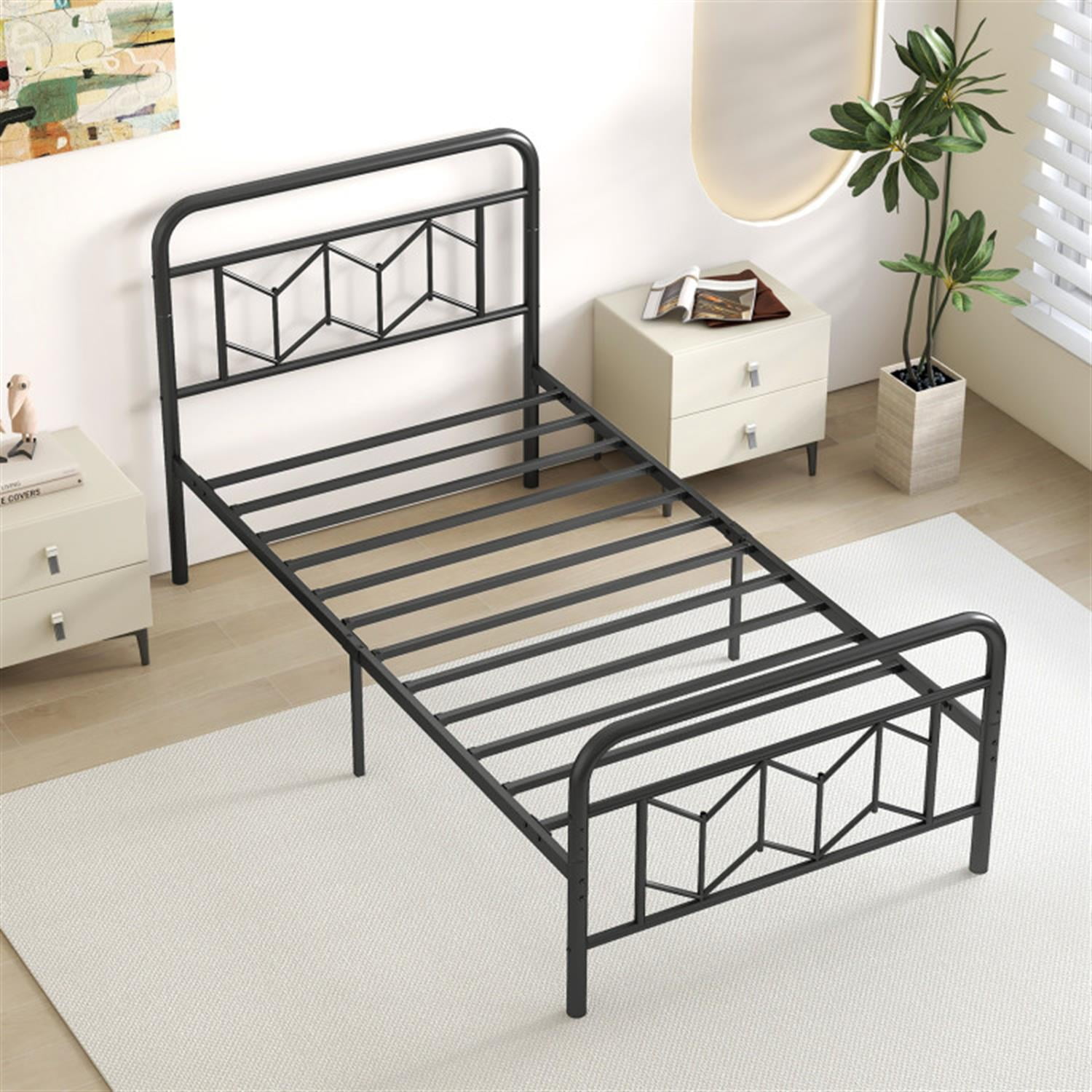Demi Bonn Twin Size Bed Frame with High Headboard and Snap Lock Metal Slats, Platform Bed Frame with Under Bed Storage, No Box Spring Needed, Black