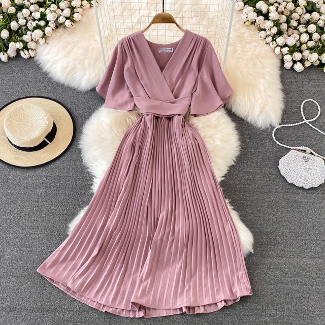 Formal Women's Dress V-neck Pleated Dress Elegant Temperament Waist Lace-up Hem Long Skirt Office Lady Evening Dresses VestidosS Gao Jinjia LED