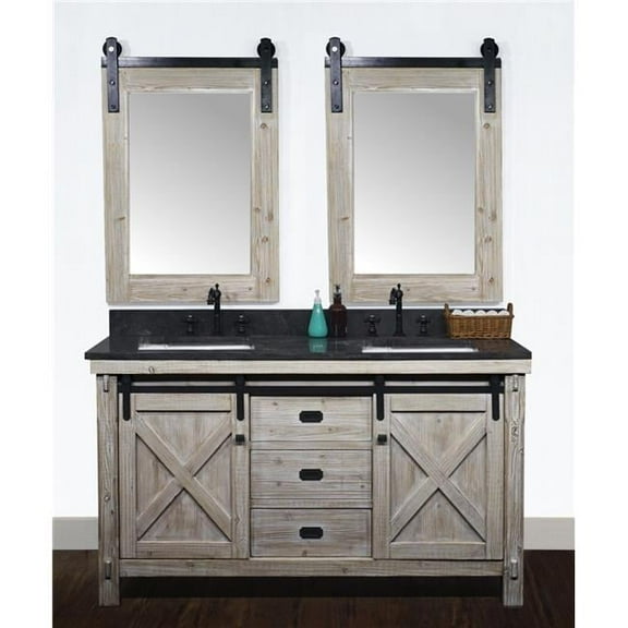 InFurniture WK8560-WK SQ TOP 60 in. Rustic Solid Fir Barn Door Style Double Sinks Vanity with Limestone Top with Rectangular Sink, Driftwood - No Faucet - 61 x 34.6 x 22 in.