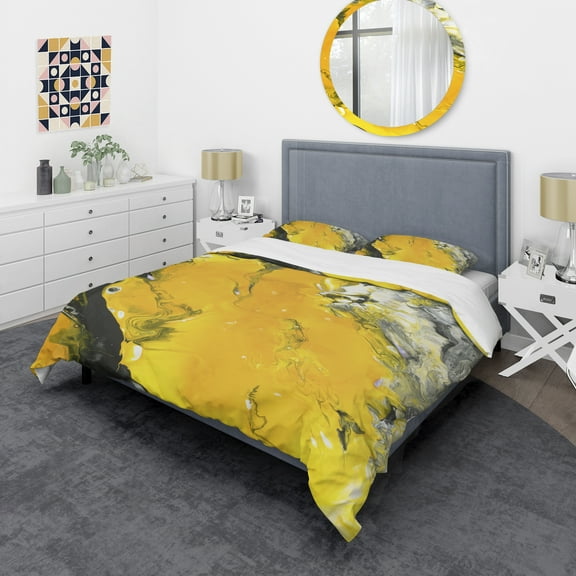Designart 'Yellow , Black and Marbled Acrylic Painting' Modern & Contemporary Duvet Cover Set