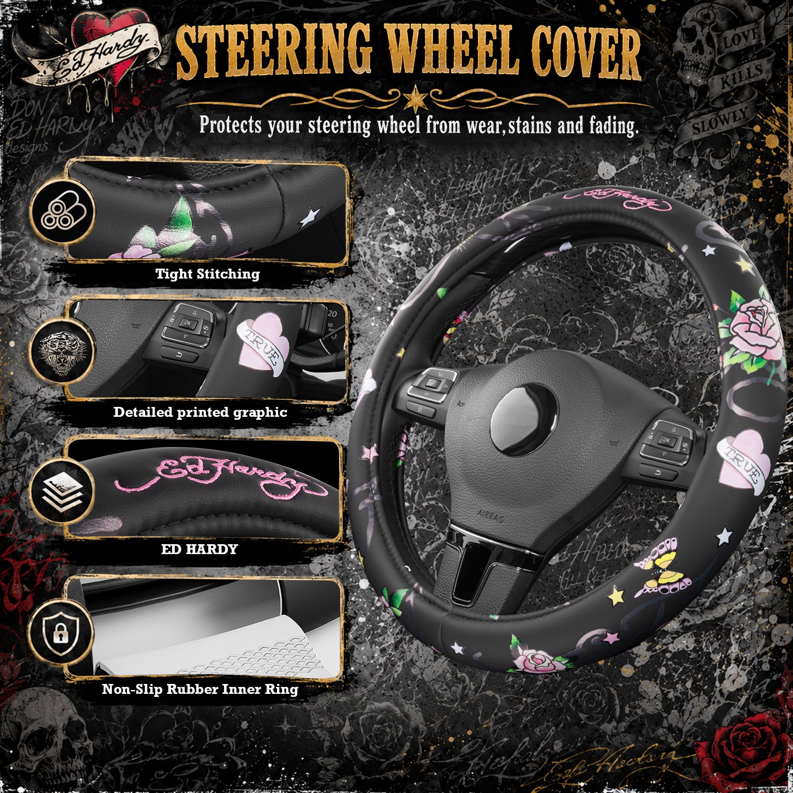 Ed Hardy Steering Wheel Cover, Tiger Print Steering Wheel Cover,Leather Steering Wheel Cover Non-Slip, Universal Fit for Cars SUV Truck, Fits 14.5"–15"