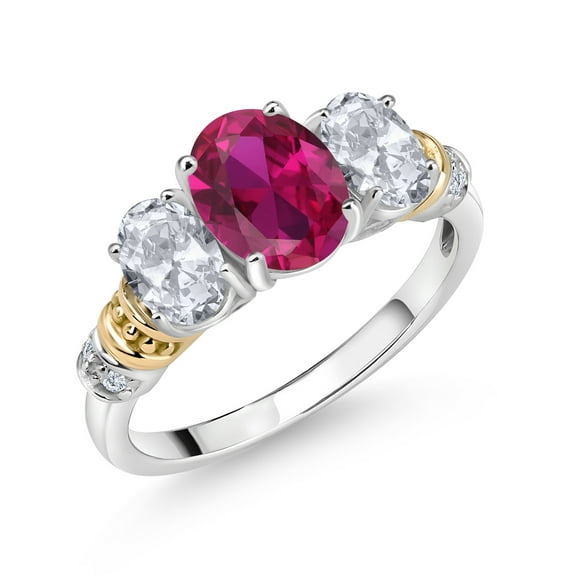 Gem Stone King 925 Sterling Silver and 10K Yellow Gold Oval Red Created Ruby White Topaz and White Diamond 3 Stone Ring for Women (2.58 Cttw, Gemstone July Birthstone, Size 6)