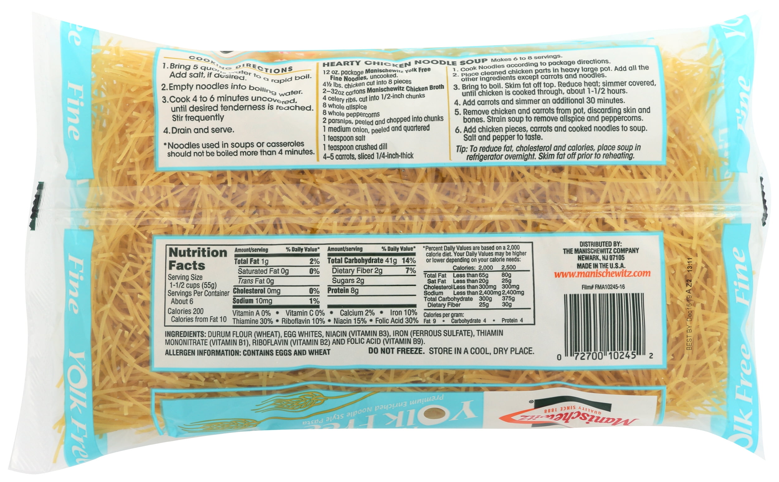 Pack of 12, Manischewitz Fine Yolk Free Noodle Style Pasta, 12 oz