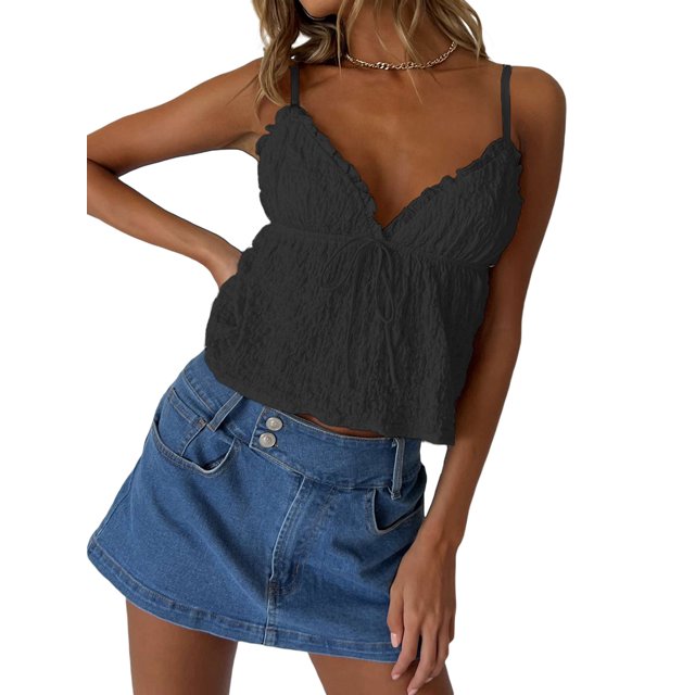 Mialoley Women Basic Ruched Camisole Solid Color Ruffle V Neck Sleeveless Crop Tops for Streetwear Clubwear Summer Shirt