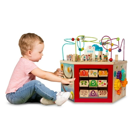 Battat CurioCity Wooden Activity Center with 7 Sides and Bead Maze, Baby and Toddler Toys