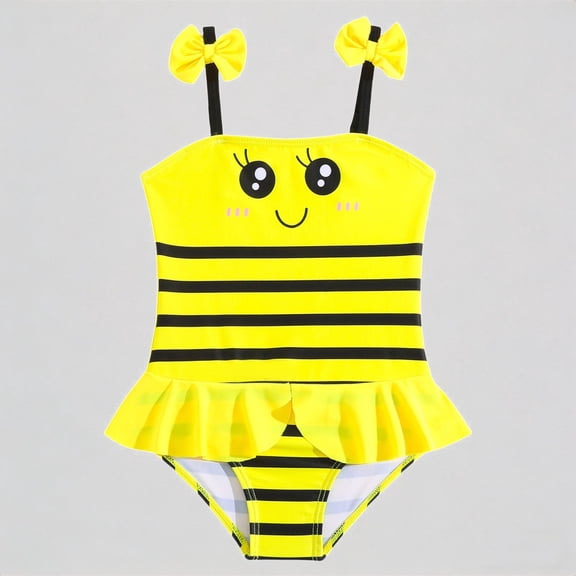 REDARER Girls' One-Piece Swim Dress – Bee Striped Print Bow Accents, Adorable Ruffled Bathing Suit,6-12 Months