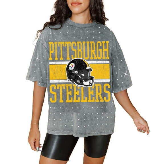 Women's Gameday Couture Gray Pittsburgh Steelers Oversized Mini Rhinestone Classic T-Shirt
