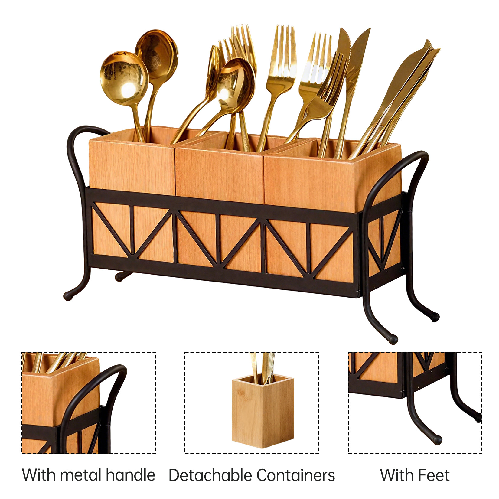 Waterproof Wooden Flatware Caddy Silverware Holder, Acacia Wood Utensil Holder with 3 Detachable Compartments & Handles, Fork Spoon Knife Organizer for Party BBQ