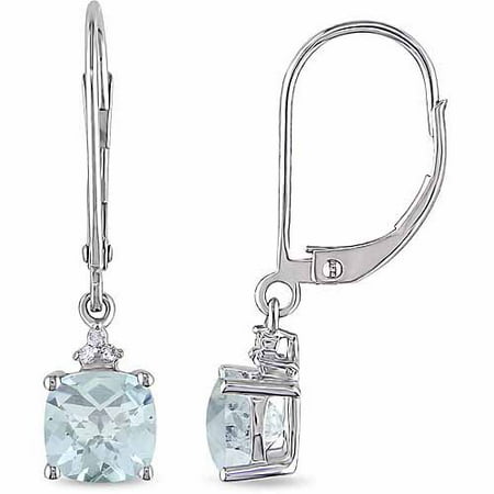 1-3/4 Carat T.G.W. Aquamarine and Diamond Accent 10kt White Gold Leverback Dangle Earrings