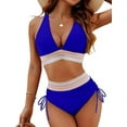thumbnail image 1 of Women Tummy Control Swimsuits Color Block Two Piece Drawstring Bathing Suit Royal Blue XXL, 1 of 7