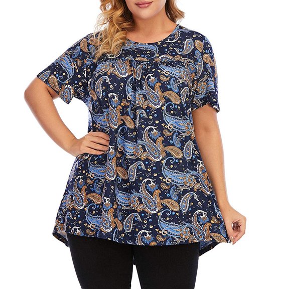 Bescita Women's O-Neck Print Short Sleeve Large Size Pleated T-Shirt Blouse Tops