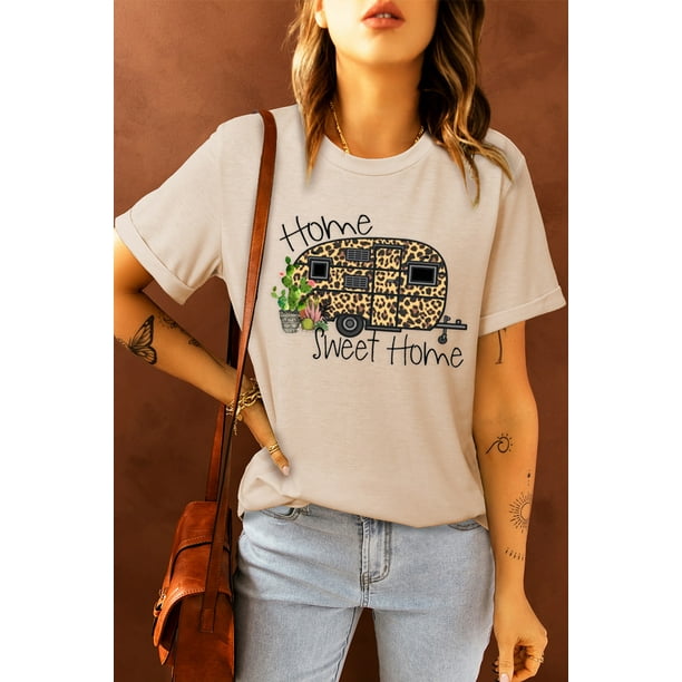 ABPHQTO Camiseta estampada con estampado de coche de leopardo caqui Sweet Home para mujer