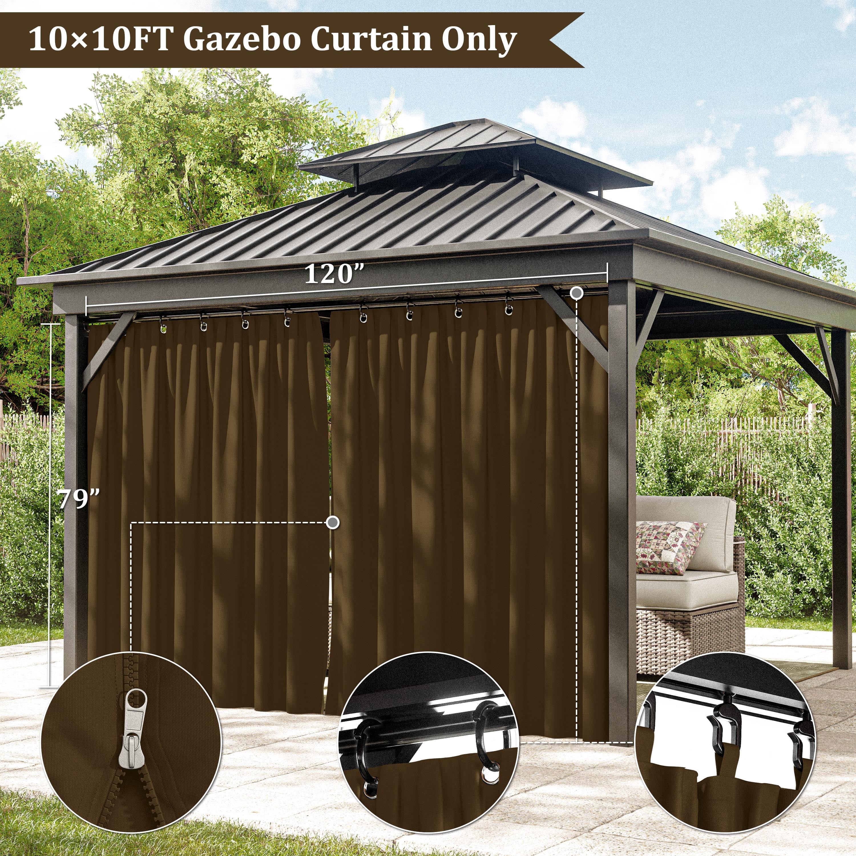 Pakunoda 10' X 6.5' Gazebo Universal Replacement Privacy 4-Panel Curtains, Waterproof Outdoor Curtains Chococlate Sidewall with Zipper for Patio Garden Backyard 10' X 10' Gazebo, Curtain Only