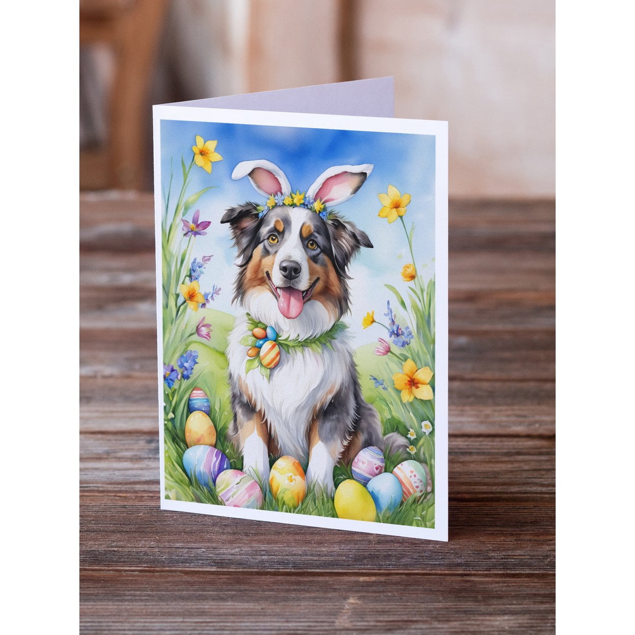 Australian Shepherd Easter Egg Hunt Greeting Cards Pack of 8 7 in x 5 in