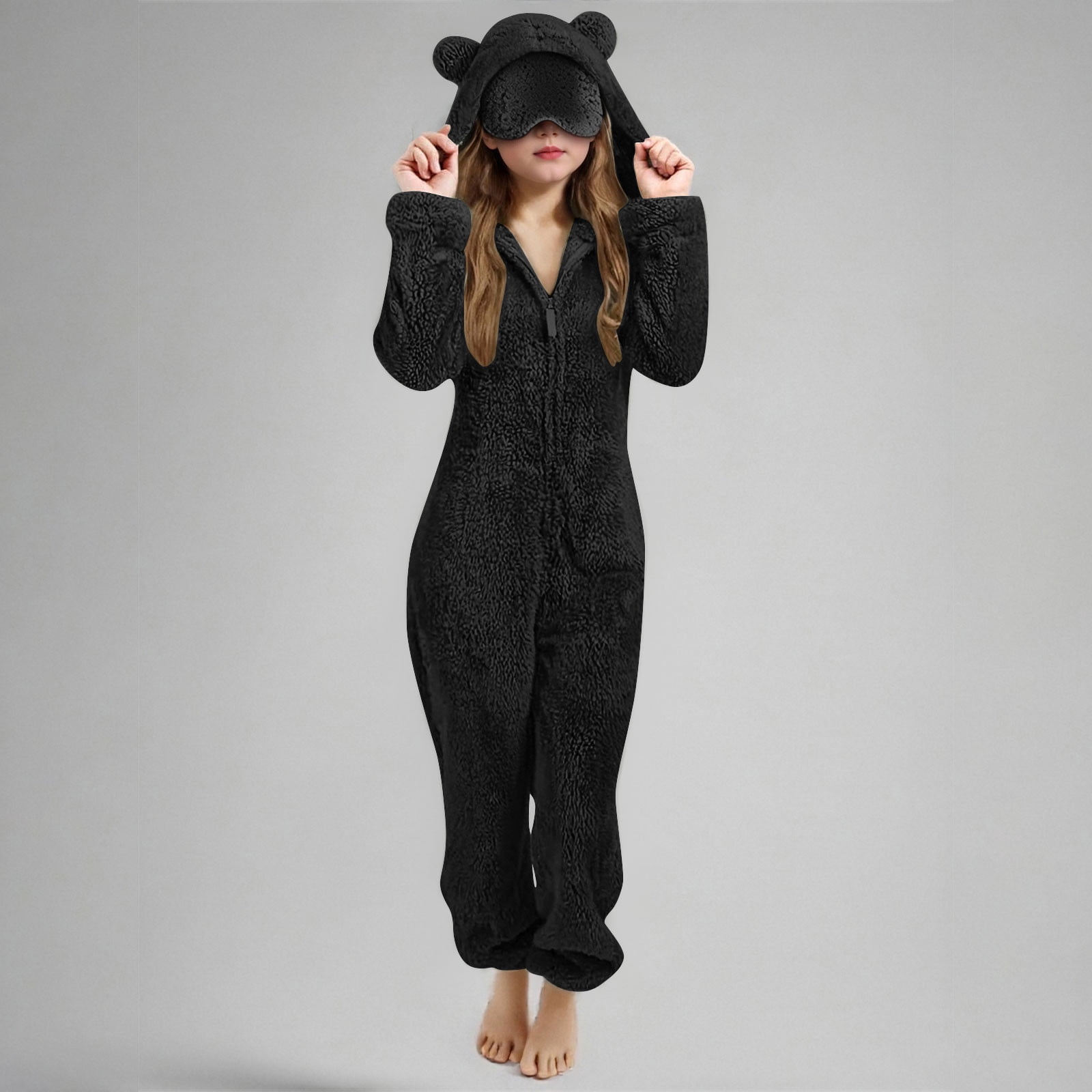 nerohusy Girls Fleece Zip Up Jumpsuits with Eye Mask Built In Kids Cat Ears Hooded Rompers Cozy Fuzzy Cute Animal Onesie Winter Warm Zipper Playsuit Black,15 Years