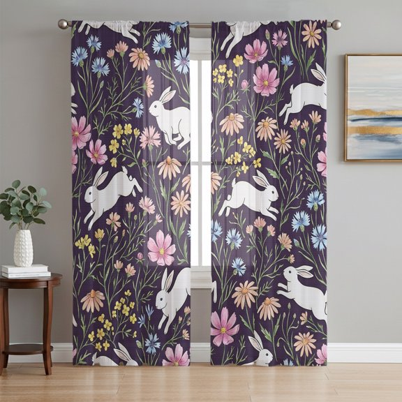 Wildflowers Bunny Sheer Curtains 72 Inch Length 2 Panels Set, Botanical Farmhouse Floral Voile Window Treatment Rod Pocket Curtains Sheers Drapes for Bedroom/Living Room/Kitchen 52"x72"x2