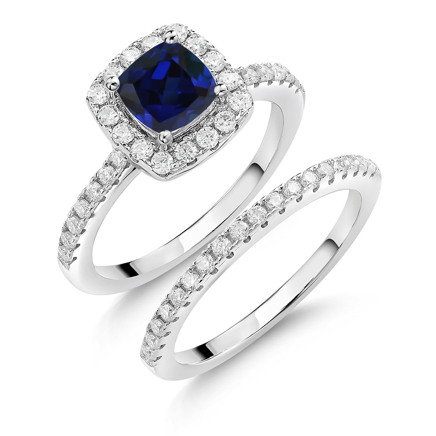 Gem Stone King 1.52 Cttw Blue Created Sapphire and Moissanite Wedding Engagement Ring Band Bridal Set for Women | 925 Sterling Silver | Cushion 6MM | Available in Size 5, 6, 7, 8, 9