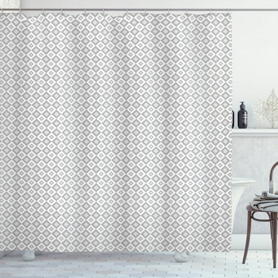 Geometric Shower Curtain, Abstract Repetitive Little Monochromatic Diamond-like Lattice Square Motifs, Fabric Bathroom Set with Hooks, 69W X 75L Inches Long, Grey and White, by Ambesonne