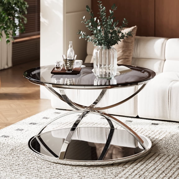 31.50'' Modern Glass Coffee Table with 2 Tiers, Ring-Shaped Frames, Chrome Finish and Gray Tempered Glass, Round Coffee Table for Living Room, Bedroom and Office, Silver