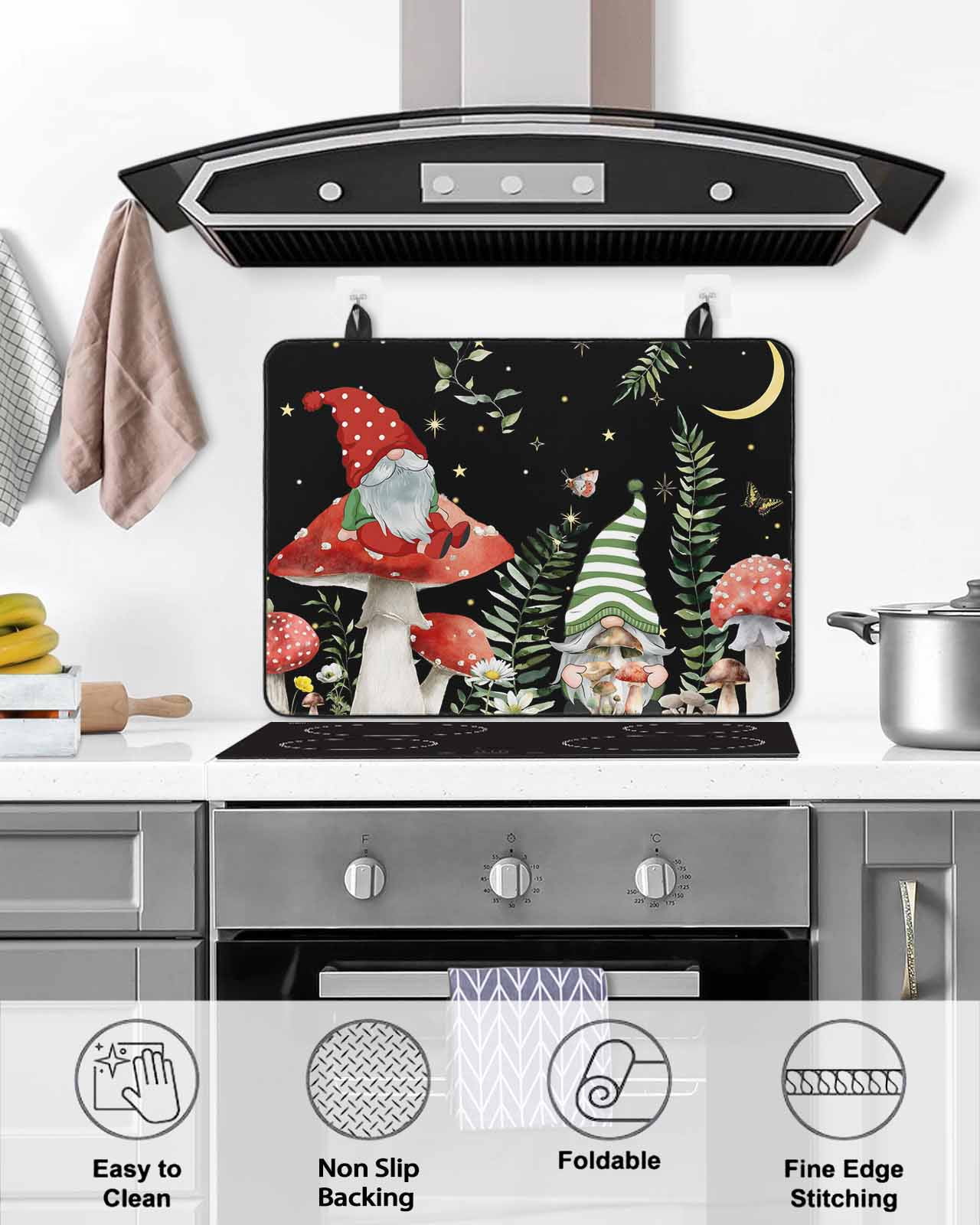 Large Induction Cooktop Protector Mat Mushroom Stove Top Covers for Electric Stove, Botanical Watercolor Gnomes Butterfly Leaf Plant Decorative Stove Burner Cover Mats, Glass Top Stove Cover
