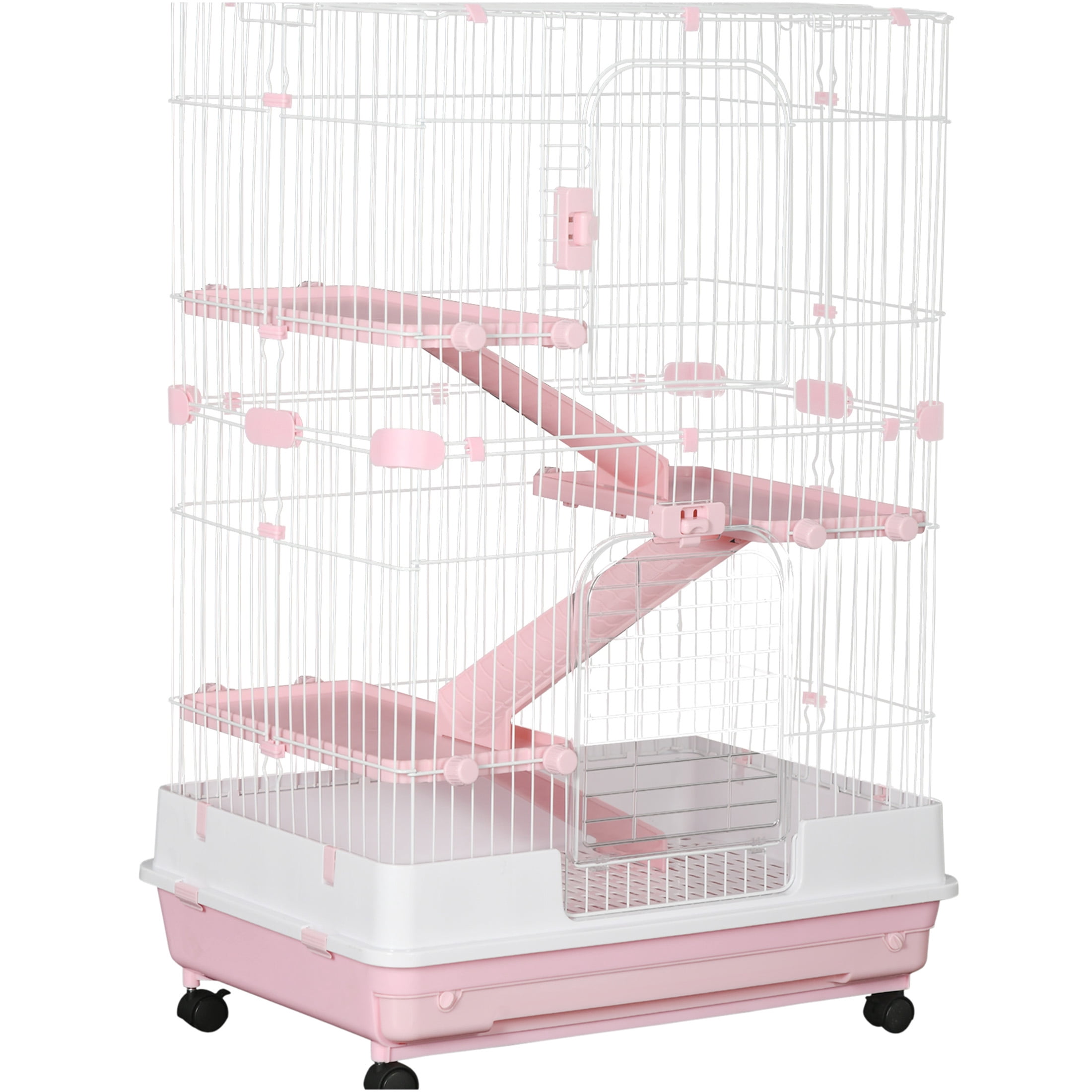 JERFIT Pink Metal Rabbit Hutch on Wheels, 32" Indoor Small Animal Cage for Rabbits, Chinchillas, Guinea Pigs with Ramp, Platform & Removable Tray